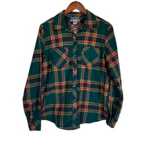 Natural Reflections Plaid Flannel Button Up Shirt Women M Green Orange LS NWT